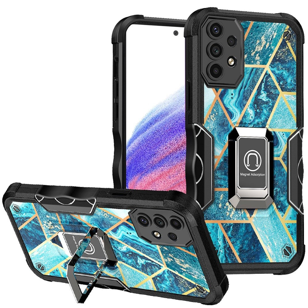 For Samsung Galaxy A53 5G Marble IMD Stone Design Hybrid Armor with Magnetic Ring Stand Kickstand Heavy Duty Rugged Shockproof  Phone Case Cover