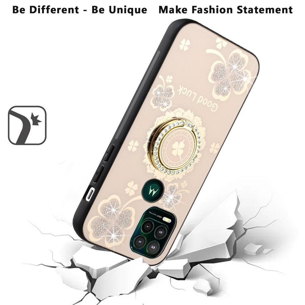 For OnePlus Nord N20 5G Diamond Bling Sparkly Glitter Ornaments Hybrid with Ring Kickstand Rugged Fashion Gold Good Luck Floral Phone Case Cover