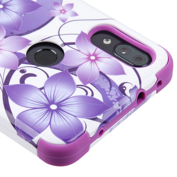 For Alcatel 3V 5032w (2019) Hybrid Three Layer Hard PC Shockproof Heavy Duty TPU Rubber Anti-Drop Purple Hibiscus Phone Case Cover