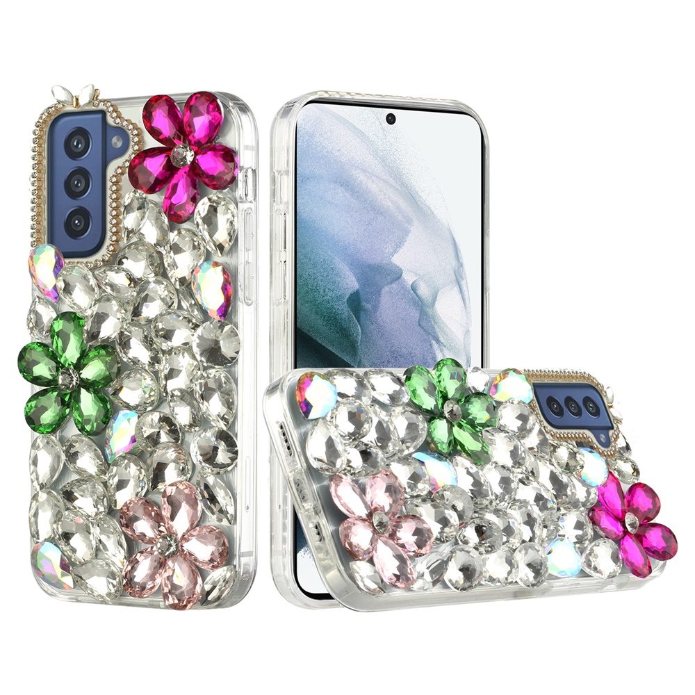 For Samsung Galaxy S21 Luxury Bling Clear Crystal 3D Full Diamonds Luxury Sparkle Rhinestone Hybrid Protective Pink/ Neon Green Phone Case Cover