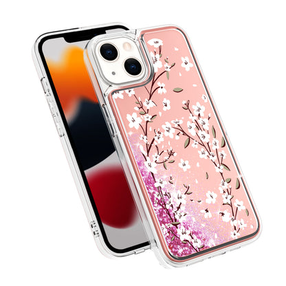 For Apple iPhone 14 (6.1") Floral Design Quicksand Water Flowing Liquid Floating Sparkle Colorful Bling Hybrid  Phone Case Cover