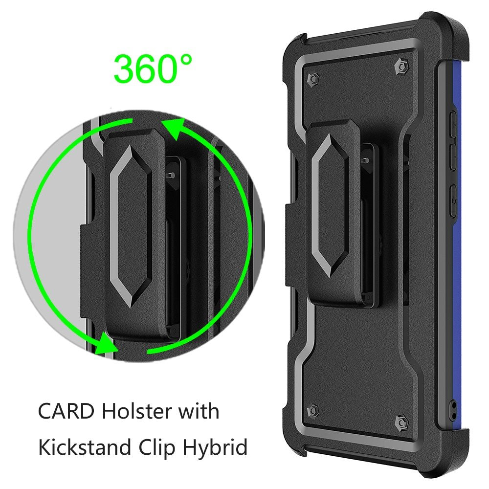 For Samsung Galaxy A22 5G Armor Belt Clip with Credit Card Holder, Holster, Kickstand Protective Full Body Heavy Duty Hybrid Blue Phone Case Cover