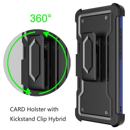 For Boost Mobile Celero 5G Armor Belt Clip with Credit Card Holder, Holster, Kickstand Protective Full Body Heavy Duty Hybrid Blue Phone Case Cover