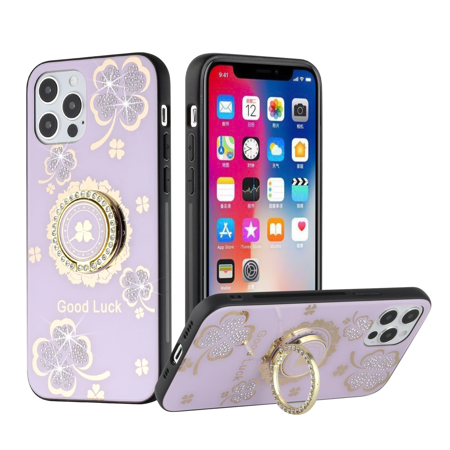 For OnePlus Nord N20 5G Diamond Bling Sparkly Glitter Ornaments Hybrid with Ring Kickstand Rugged Fashion Purple Good Luck Floral Phone Case Cover