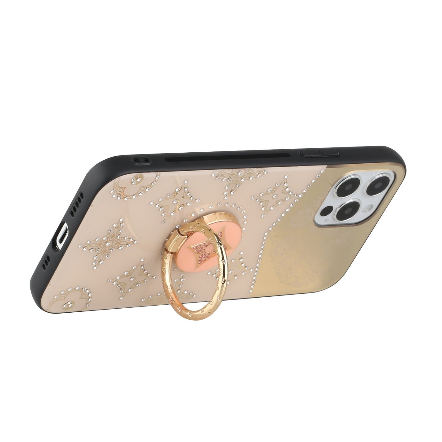 For Apple iPhone 13 Pro (6.1") Diamond Bling Sparkly Glitter Ornaments Engraving Hybrid Armor with Ring Stand Holder Rugged Fashion  Phone Case Cover