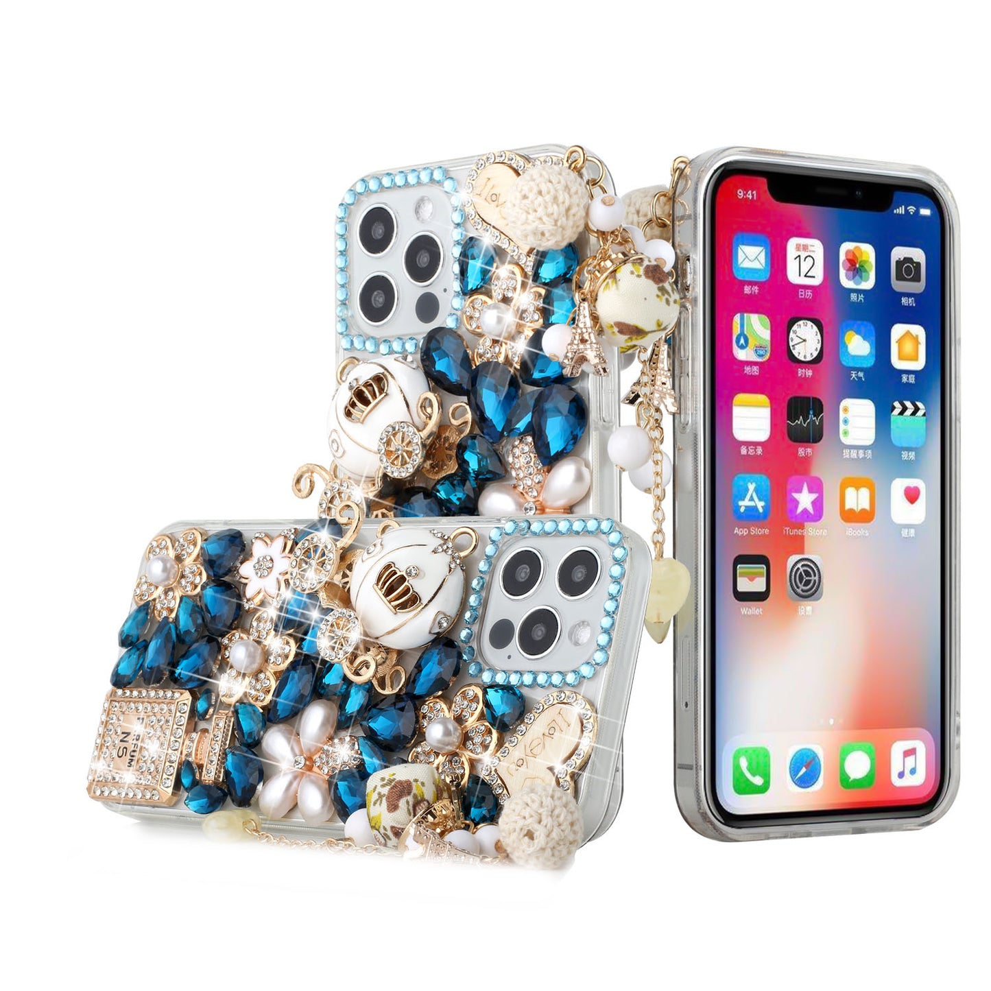 For Apple iPhone 12 /12 Pro (6.1") Bling Crystal 3D Full Diamonds Pearl Luxury Sparkle Rhinestone Glitter Hybrid Ultimate Multi Ornament Blue Phone Case Cover