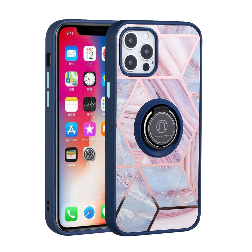For Apple iPhone 14 (6.1") Unique Marble Design with Magnetic Ring Kickstand Holder Hybrid TPU Hard PC Shockproof  Phone Case Cover