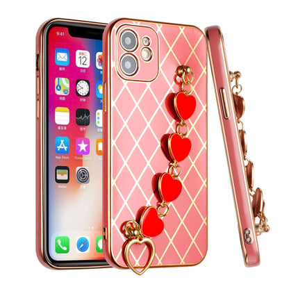 For Apple iPhone 11 (6.1") Electroplated Grid Diamond Lines with Hearts Chain Fashion Holder Hybrid Design TPU Hard PC  Phone Case Cover