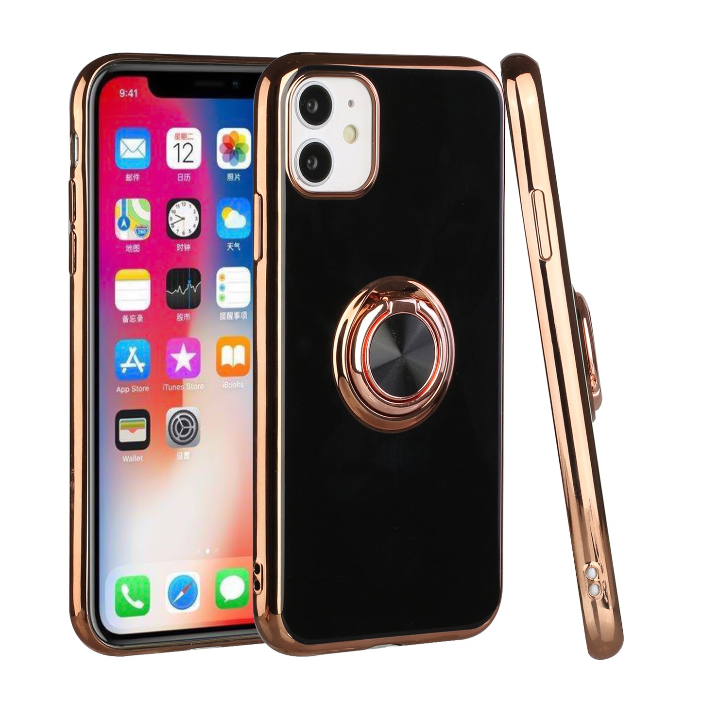 For Apple iPhone 11 (6.1") Slim Hybrid Metal Finger Ring Stand Electroplated Edges TPU Frame Shock-Absorption Bumper  Phone Case Cover