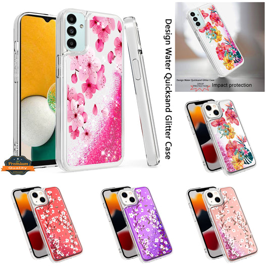 For Apple iPhone 13 /Pro Max Floral Design Quicksand Water Flowing Liquid Floating Sparkle Glitter Bling Flower Fashion TPU Hybrid  Phone Case Cover