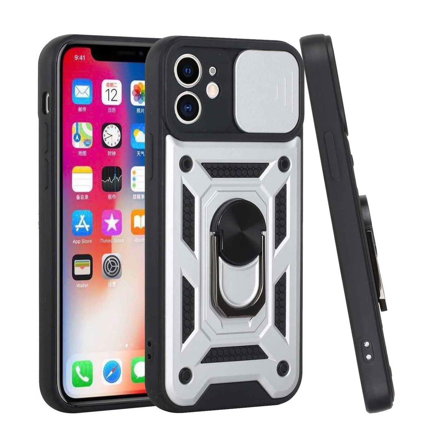 For Apple iPhone 11 (6.1") Hybrid Cases with Slide Camera Lens Cover and Ring Holder Kickstand Rugged Dual Layer Hard  Phone Case Cover