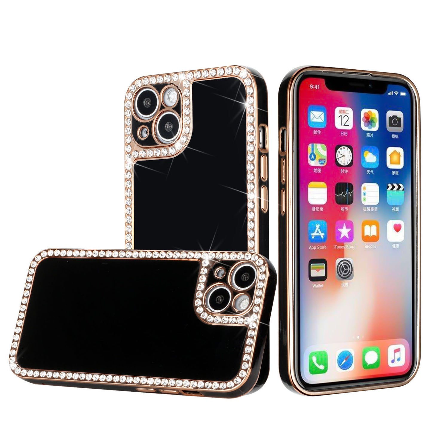 For Apple iPhone 13 /6.1" All Around 3D Diamonds Rhinestone Chrome Frame TPU Shiny Bling Glitter Protective  Phone Case Cover