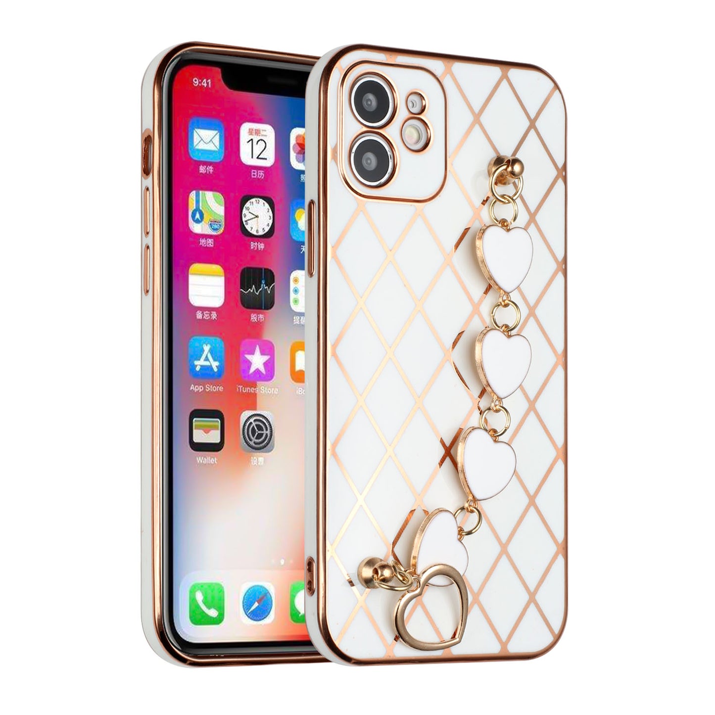 For Apple iPhone 11 (6.1") Electroplated Grid Diamond Lines with Hearts Chain Fashion Holder Hybrid Design TPU Hard PC  Phone Case Cover