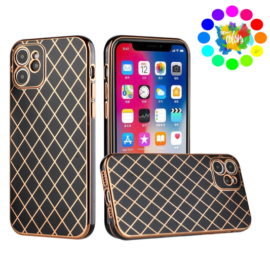 For Apple iPhone 11 (6.1") Electroplated Grid Diamond Gold Lines Fashion Hybrid Rubber TPU Hard PC Slim Fit  Phone Case Cover