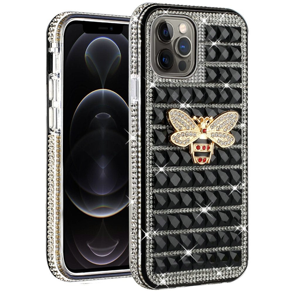 For Apple iPhone 12 Pro Max (6.7") Fashion Luxury 3D Bling Diamonds Rhinestone Jeweled Ornament Shiny Crystal Hybrid Hard  Phone Case Cover