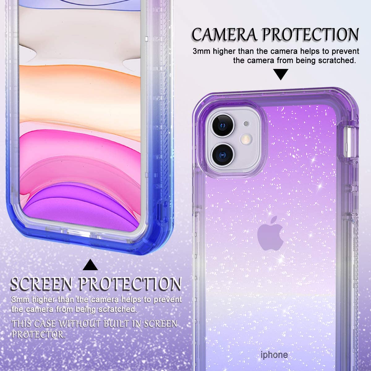 For Apple iPhone 13 Pro Max Mini Clear Gradient Glitter Bling Sparkly Hybrid Hard PC Soft TPU Bumper and Front Frame Drop Protective  Phone Case Cover