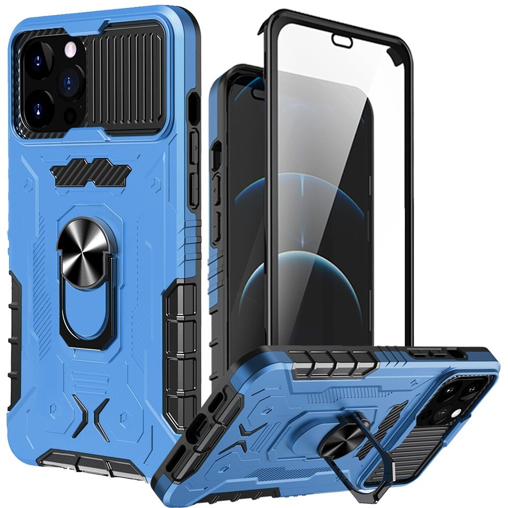 For Apple iPhone 13 Pro (6.1") Ring Stand Cases with Slide Camera, Kickstand & Screen Protector Military Grade Shockproof  Phone Case Cover