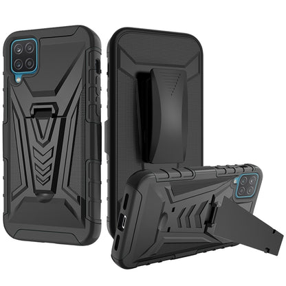 For Samsung Galaxy A12 5G 3 in 1 Rugged Swivel Belt Clip Holster Heavy Duty Tuff Hybrid Armor Rubber TPU with Kickstand Stand Black Phone Case Cover