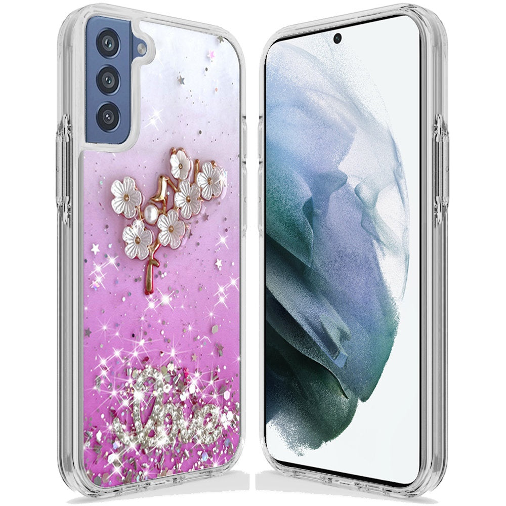 For Samsung Galaxy S22 /Plus Ultra Flowers Bling Glitter Iridescent Love Floral 3D Ornament Slim TPU Hybrid Sparkle Stars Shockproof  Phone Case Cover