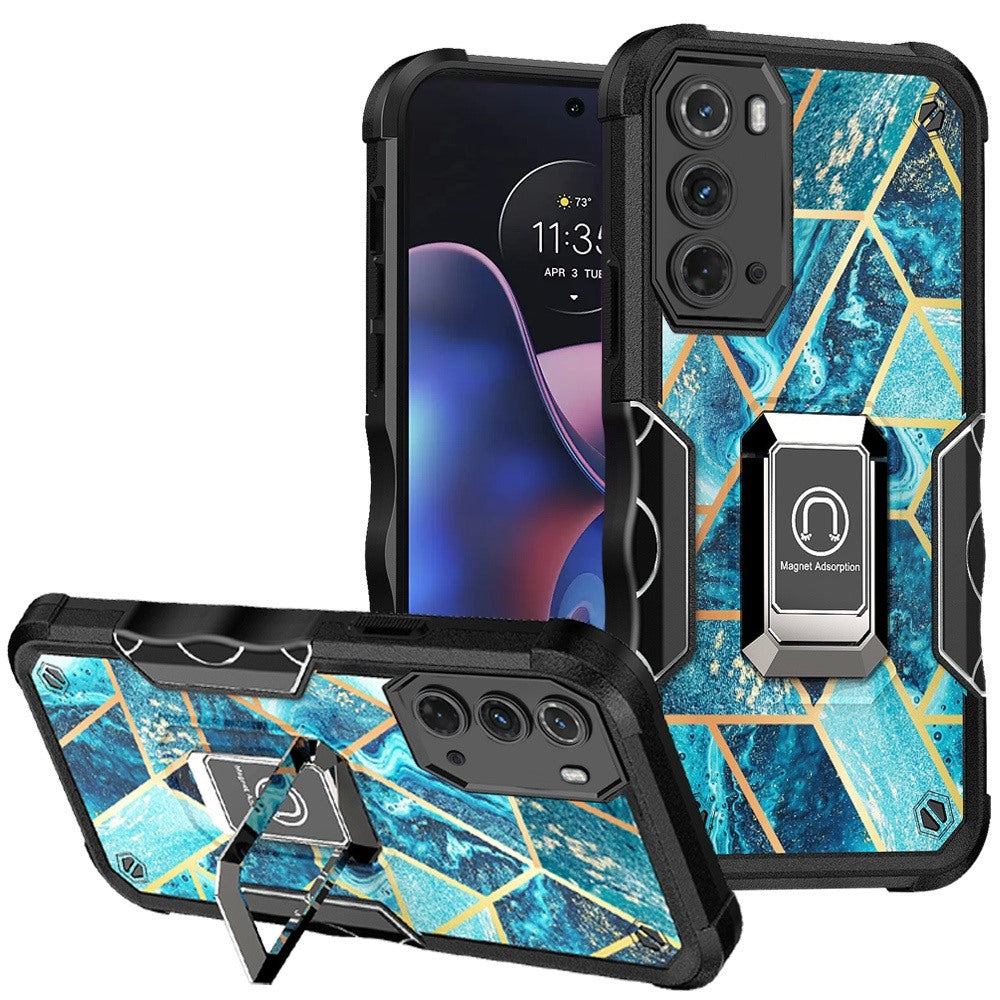 For Motorola Moto Edge (2022) Marble Stone Design Hybrid Armor Magnetic Ring Stand Kickstand Heavy Duty Rugged  Phone Case Cover