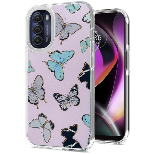 For Motorola Moto G 5G 2022 Stylish Gold Layer Design Hybrid Rubber TPU Hard PC Shockproof Armor Rugged Slim Fit Butterflies Phone Case Cover