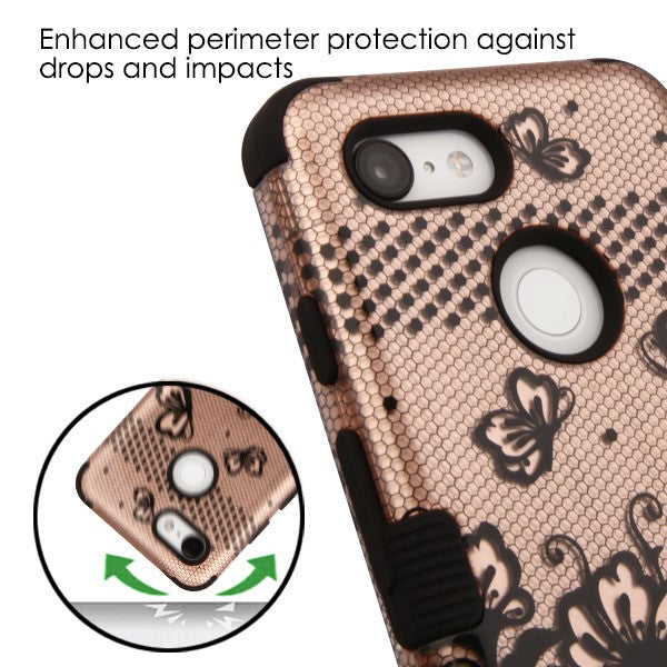 For Google Pixel 3 Hybrid Three Layer Hard PC Shockproof Heavy Duty TPU Rubber Anti-Drop Rose Gold Lace Flowers Phone Case Cover