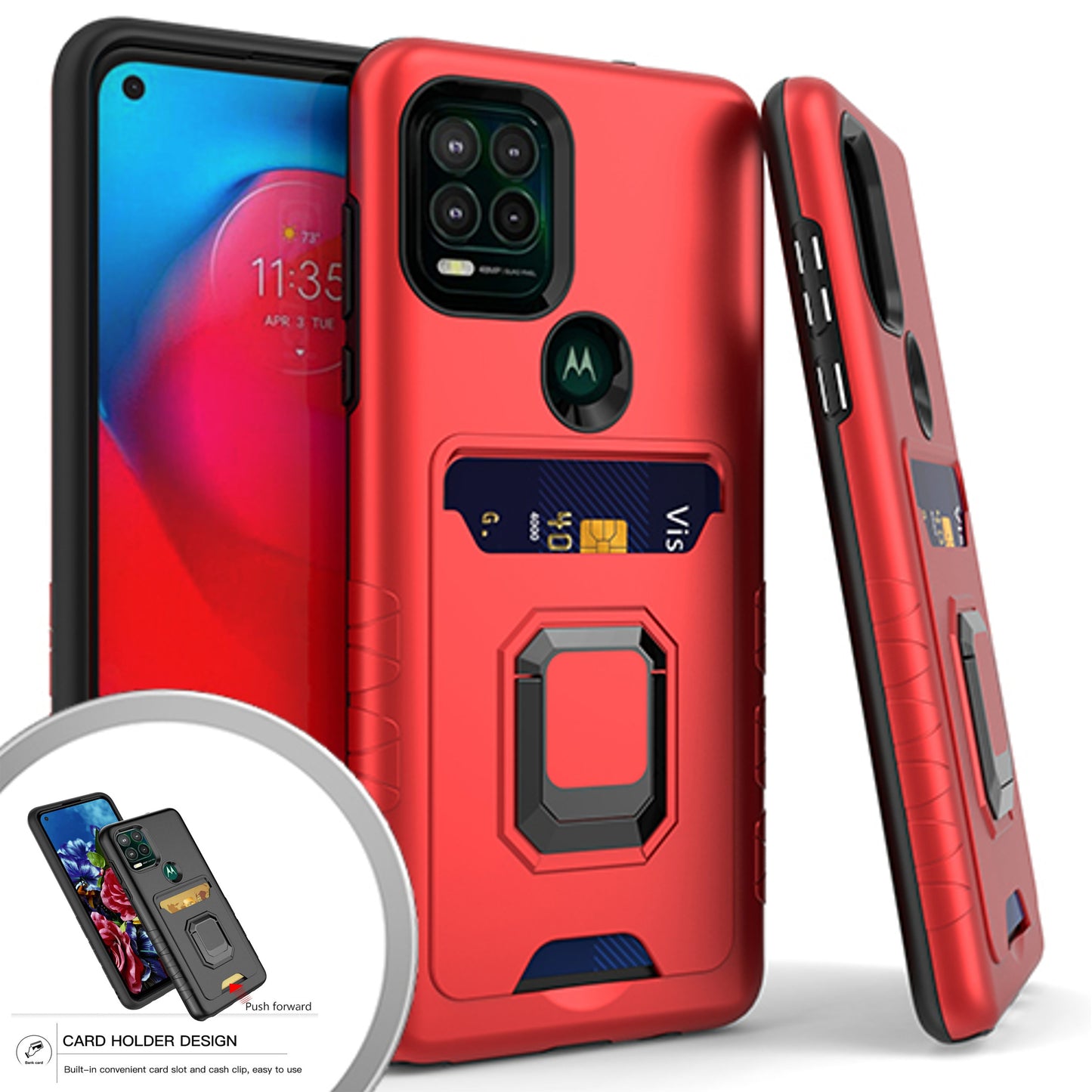 For Motorola Edge+ 2022 /Edge Plus Wallet Credit Card Slot with Ring Kickstand Heavy Duty Shockproof Hybrid Magnetic Stand Red Phone Case Cover