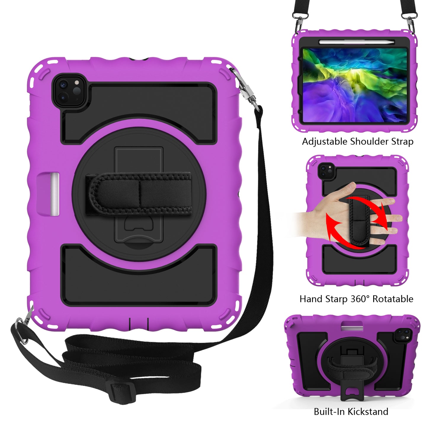 Case for Apple iPad Air 4 / iPad Air 5 / iPad Pro (11 inch) Hybrid 3in1 Armor Rugged with Built-in Kickstand 360° Rotatable Stand & Shoulder Hand Strap Corner Shockproof Purple Tablet Cover