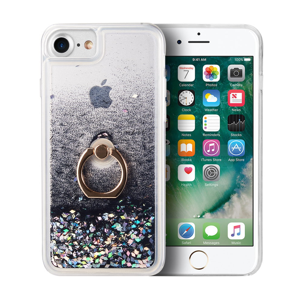 For Apple iPhone SE 3 (2022) Hybrid Glitter Bling Sparkling Liquid Quicksand TPU Rubber PC with Ring Stand Holder Kickstand  Phone Case Cover