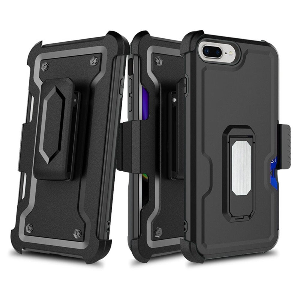 For Apple iPhone 8 Plus/7 Plus/6 6S Plus Armor Belt Clip with Credit Card Holder ID Slot, Holster, Kickstand Heavy Duty Hybrid Black Phone Case Cover