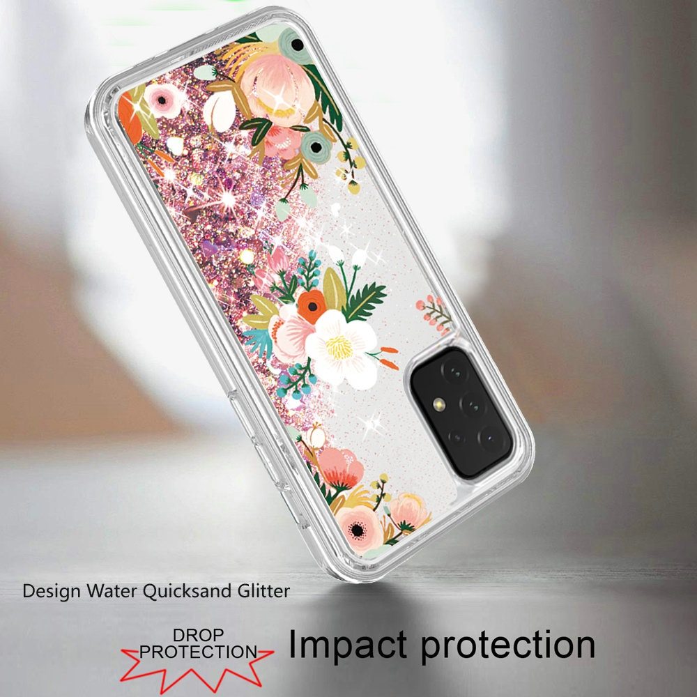 For Apple iPhone 13 Pro Max (6.7") Waterfall Quicksand Flowing Liquid Water Glitter Flower Design Bling Shockproof TPU Hybrid Protective  Phone Case Cover