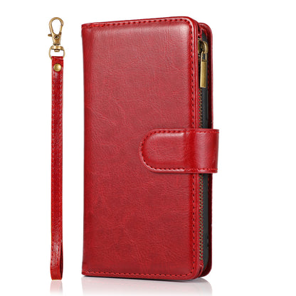 For Nokia C100 Luxury Leather Zipper Wallet Case 9 Credit Card Slots Cash Money Pocket Clutch Pouch with Stand & Strap Red Phone Case Cover