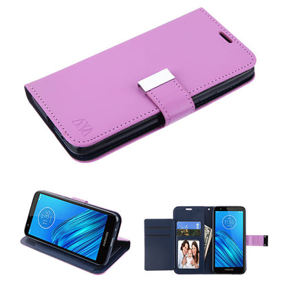 For Motorola Moto E6 PU Leather Wallet with Credit Card Holder Storage Folio Flip Pouch Stand Purple Phone Case Cover