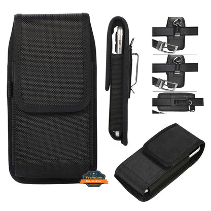 For Nokia C200 Nylon Canvas Fabric Waist Belt Holster Vertical Pouch Holds Large Phone Works with Thick Cases Universal Cover [Black]