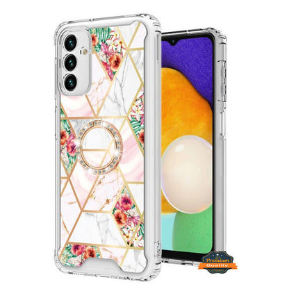 For Samsung Galaxy A13 5G Fashion Design Pattern Flowers Hybrid Ring Kickstand Bling Diamond Hard PC + TPU  Phone Case Cover