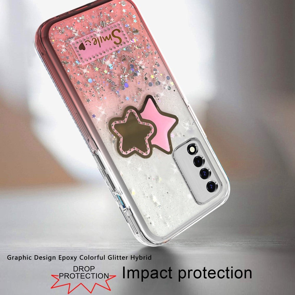 For TCL Revvl V Plus 5G (T-Mobile) Fashion Graphic Pattern Design Epoxy Colorful Skin Glitter Hybrid Bling TPU Hard Impact  Phone Case Cover