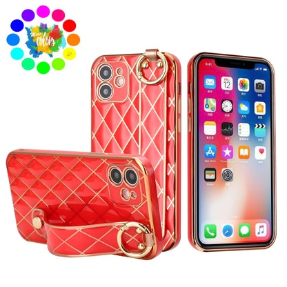 For Apple iPhone 11 (6.1") Chromed Grid Design with Strap Holder Fashion Hybrid Rubber TPU Hard PC Slim Fit  Phone Case Cover