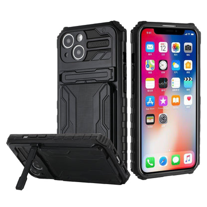 For Apple iPhone 11 (6.1") Wallet Credit Card Holder ID Slot Hidden Back Pocket with Kickstand Dual Layer Shell Hybrid Black Phone Case Cover