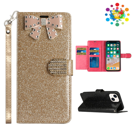 For Motorola Edge+ /Edge Plus 2022 Wallet Bow Glitter Bling Ornament Shimmer with Credit Card Slot Pocket & Lanyard  Phone Case Cover