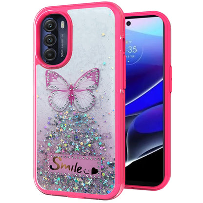 For Motorola Moto G 5G 2022 Butterfly Smile Glitter Bling Sparkle Epoxy Glittering Shining Hybrid Hard PC TPU Silicone  Phone Case Cover