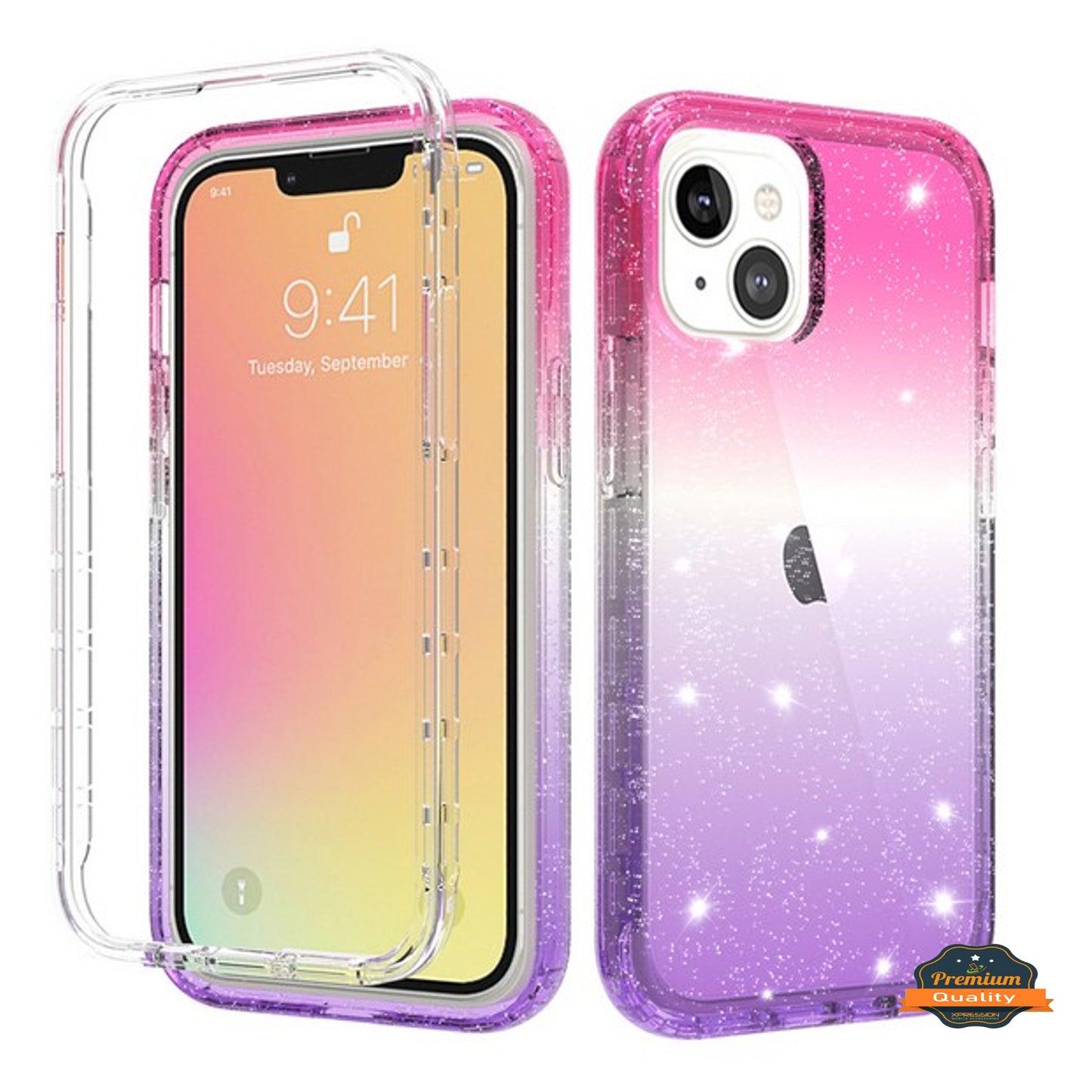 For Apple iPhone 13 Pro Max Mini Clear Gradient Glitter Bling Sparkly Hybrid Hard PC Soft TPU Bumper and Front Frame Drop Protective  Phone Case Cover