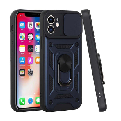 For Apple iPhone 11 (6.1") Hybrid Cases with Slide Camera Lens Cover and Ring Holder Kickstand Rugged Dual Layer Hard  Phone Case Cover