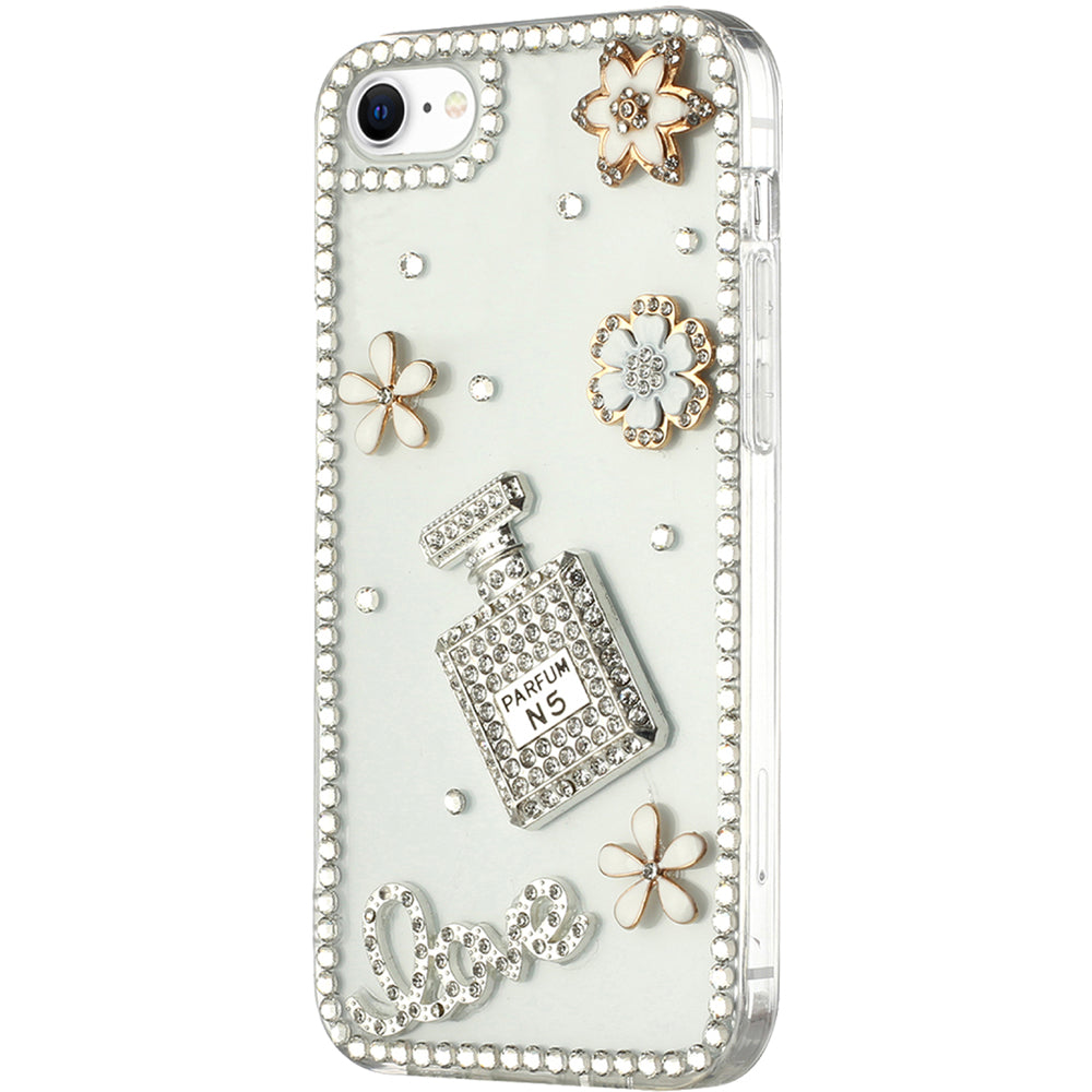 For Apple iPhone SE 3 (2022) SE/8/7 Bling Clear Crystal 3D Full Diamonds Luxury Sparkle Rhinestone Hybrid Perfume Hearts Flower Phone Case Cover