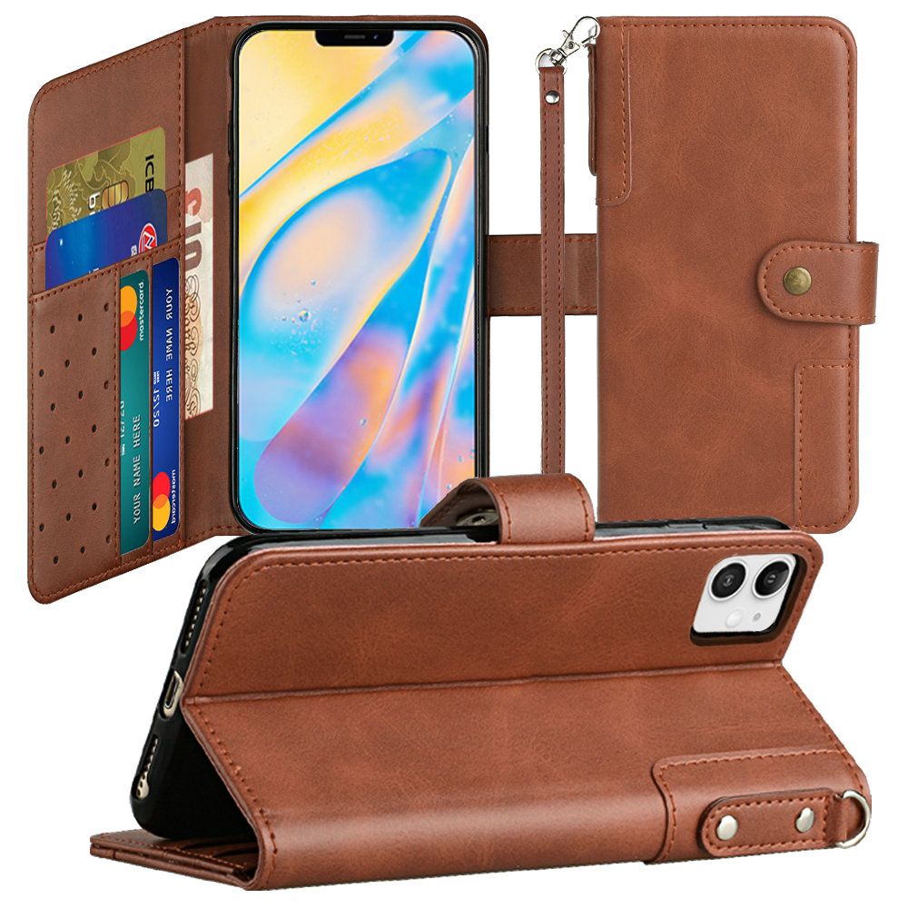 For Apple iPhone 11 (6.1") Wallet Case with Credit Card Holder, PU Leather Flip Pouch Kickstand & Strap TPU Protective  Phone Case Cover