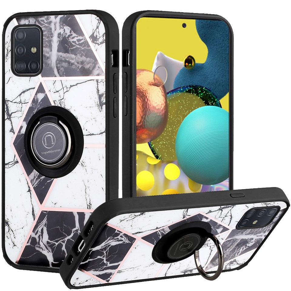 For Samsung Galaxy A13 4G 2022 Marble Design with Magnetic Ring Kickstand Holder Hybrid TPU Hard PC Shockproof Armor Classy Black Phone Case Cover