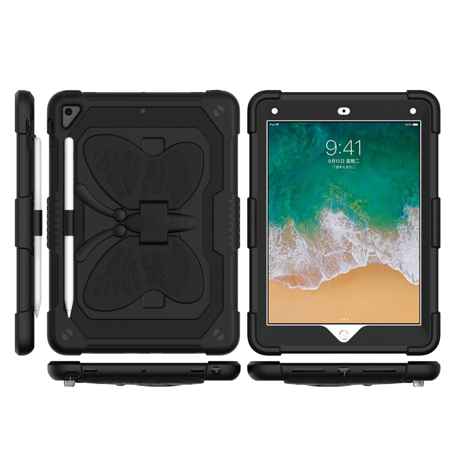 Case for Apple iPad Air 4 / iPad Air 5 / iPad Pro (11 inch) Butterfly Wings Kickstand 3in1 Tough Hybrid with Pencil Holder Heavy Duty Rugged Shockproof Full Protective Black Tablet Cover