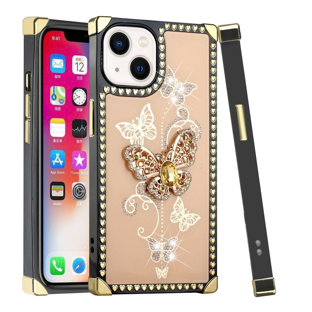 For Apple iPhone 12 /12 Pro (6.1") Fashion 3D Butterfly Square Hearts Diamonds Bling Sparkly Ornaments  Phone Case Cover