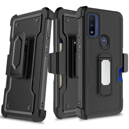 For Motorola Moto G Pure Armor Belt Clip with Credit Card Holder, Holster, Kickstand Protective Full Body Heavy Duty Hybrid Black Phone Case Cover