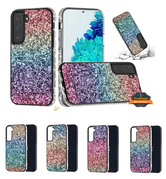 For Samsung Galaxy A22 5G Rhinestone Sparkling Rainbow Gradual Glitter Full Diamond Bling Protective Hybrid Rugged Slim TPU  Phone Case Cover