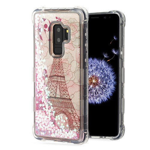 For Samsung Galaxy S9 Plus Quicksand Liquid Glitter Bling Hybrid Flowing Sparkle Fashion Protector Skin Eiffel Tower Phone Case Cover